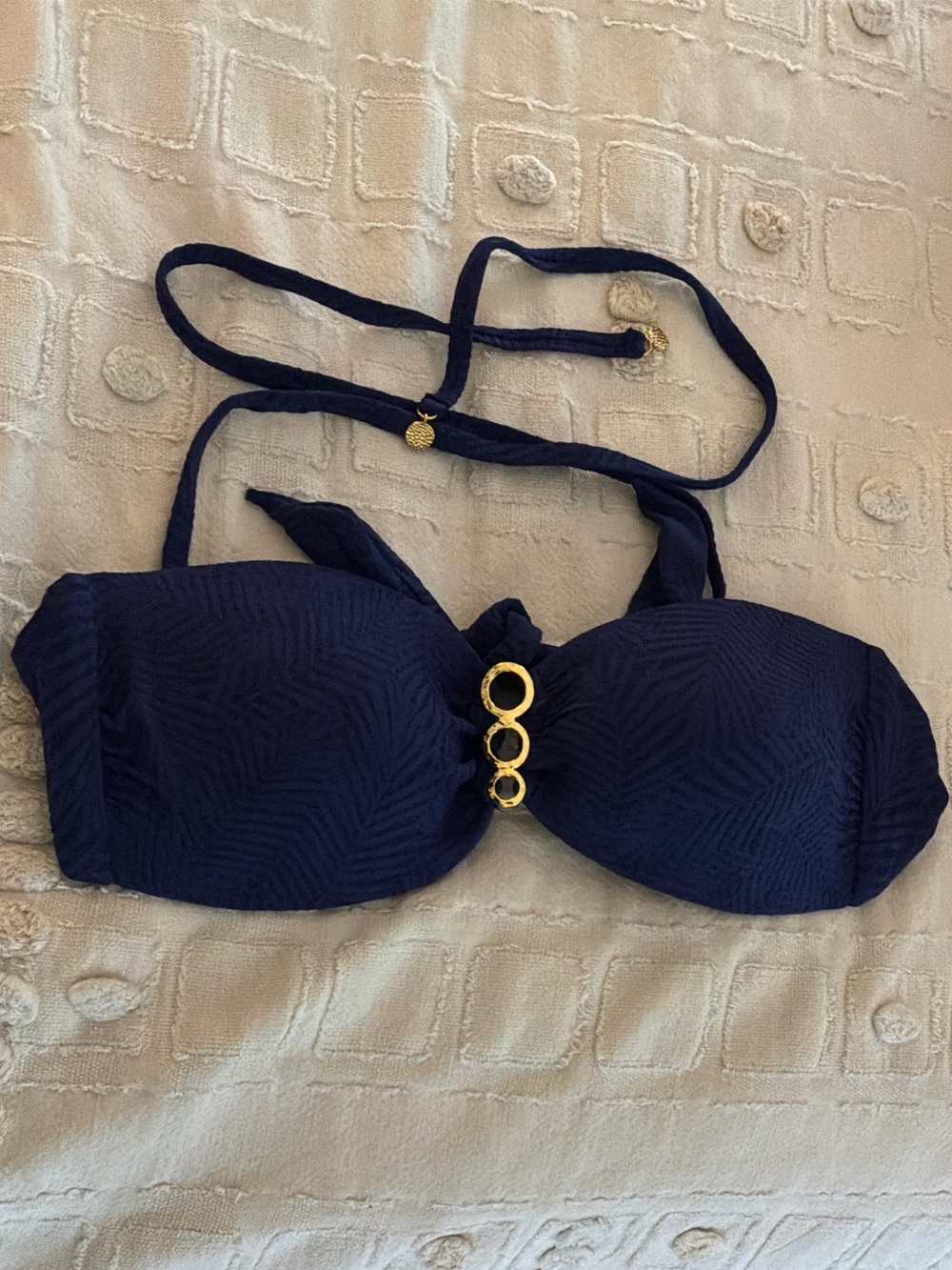 Trina Turk Navy Blue Bandeau Bikini Top with Gold Ring Accents